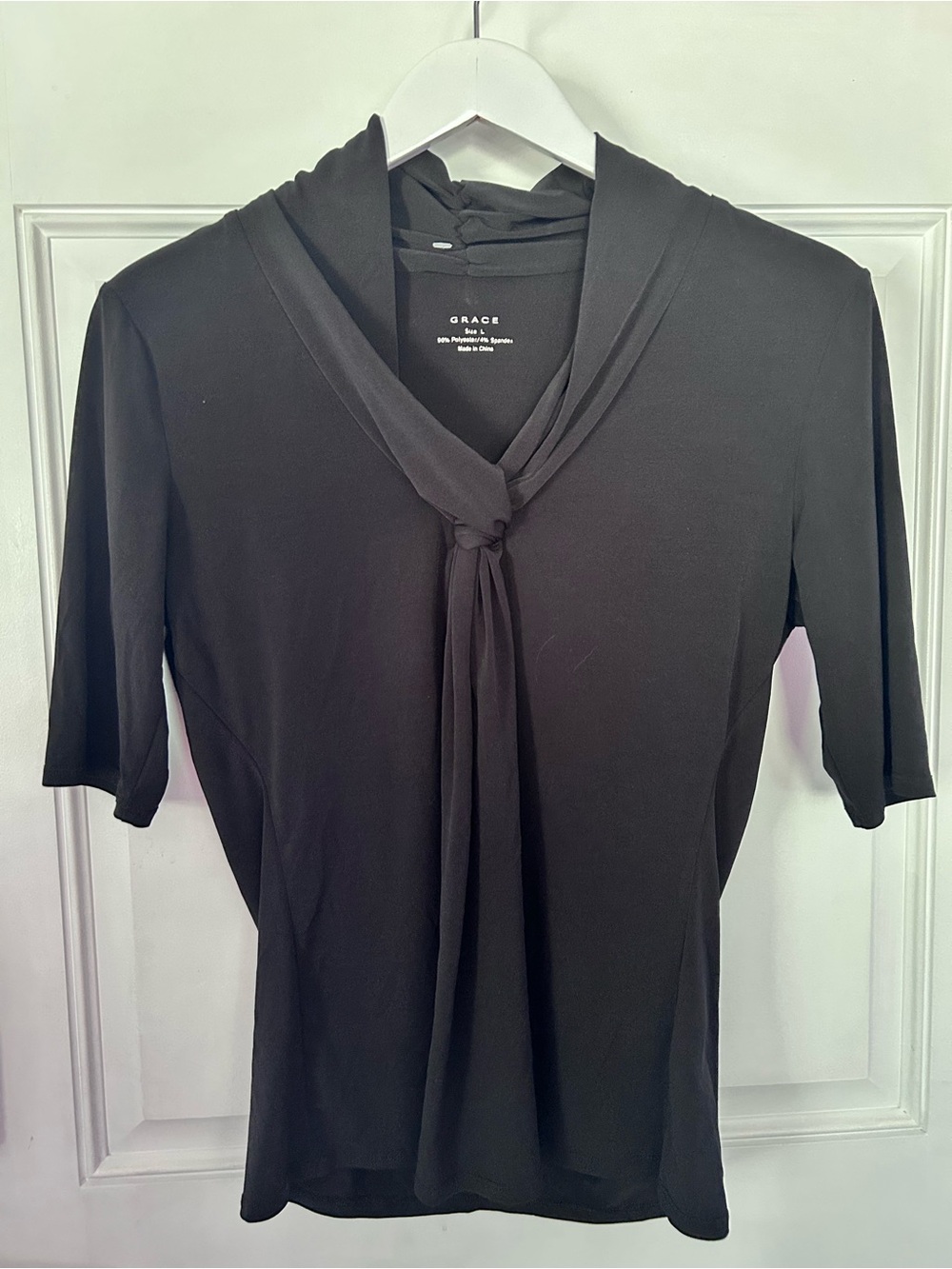 Grace Black Tie-Neck Elbow Sleeve Blouse